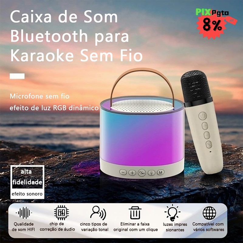 Caixa De Som Bluetooth Portátil Karaokê – Com Microfone Sem Fio e Luz LED