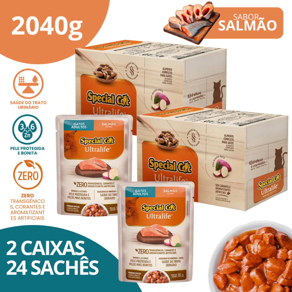 Kit 2 Caixa 12 Sachê Special Cat Ultralife Adultos Sabor Salmão 85g