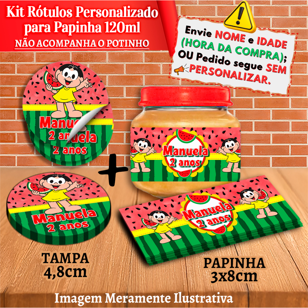 Kit com 10 pares Rótulos adesivos Magali Personalizados - Indicados para potes e tampas de papinha 120g