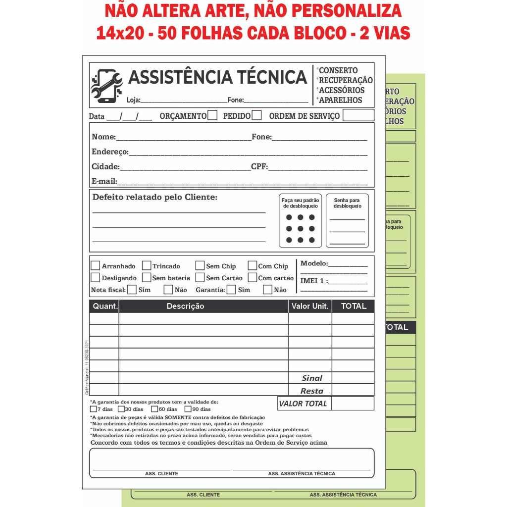 2 Talões Assistência Técnica 2 vias Carbonado 14x20 cada bloco 50 folhas Ordem de Serviço Orçamento