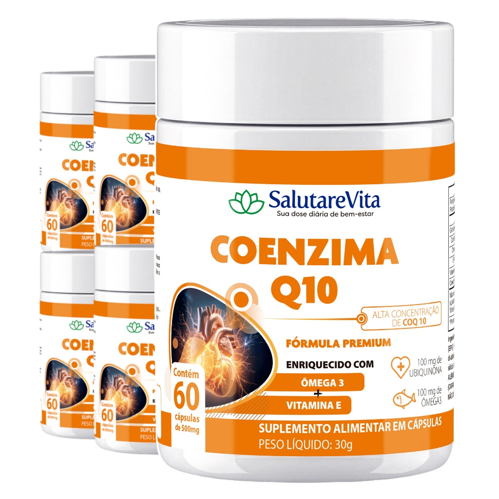 5x Coenzima Q10 100mg 30 doses Ubiquinona CoQ10 c/ Omega 3 + Vitamina E | 60 cápsulas