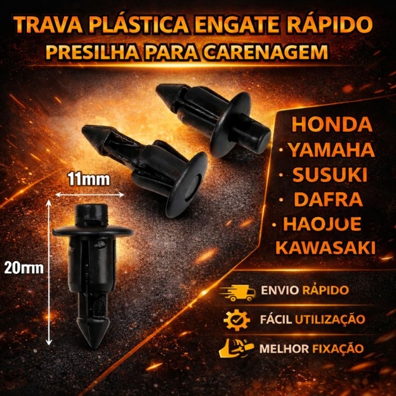 Kit 10 Presilha Carenagem Moto 11mm – Trava Plástica Engate Rápido Pino Grampo Universal