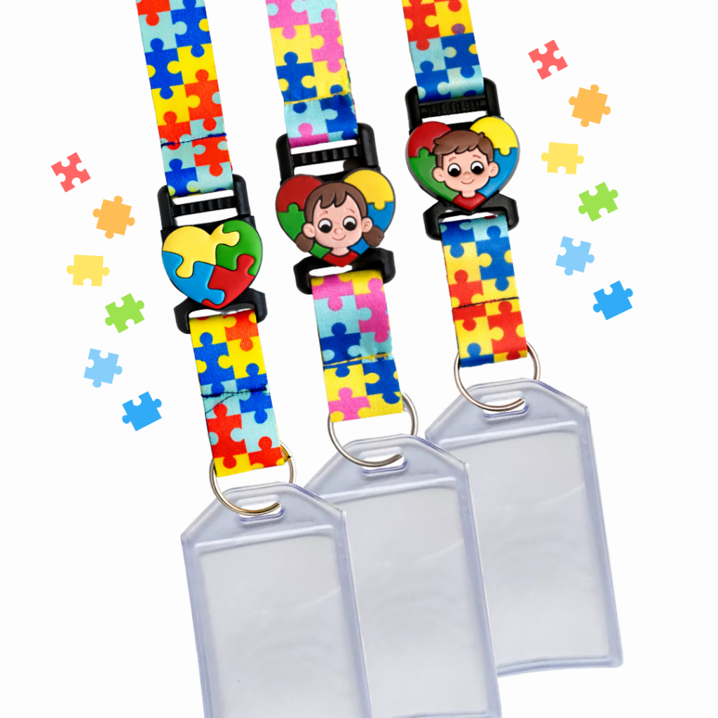 Cordão Autismo c/ Aplique Emborrachado + Porta Crachá Vertical