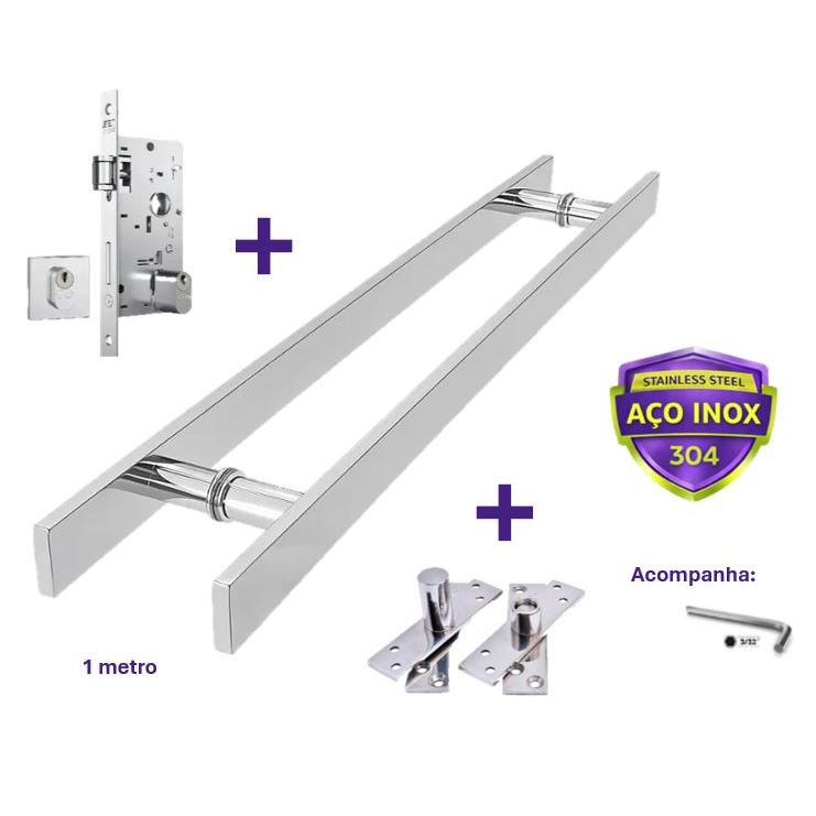 Puxador Aço Inox 1 Metro + Fechadura + Dobradiça Pivotante Cor Polido Brilhante em Oferta na Shopee