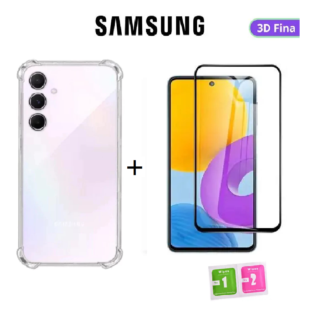 Kit Capinha Anti-Impacto TPU Transparente+Película de Vidro 3D Samsung Linha A05/06/07/14/15/16/25/34/35/36/54/55/56