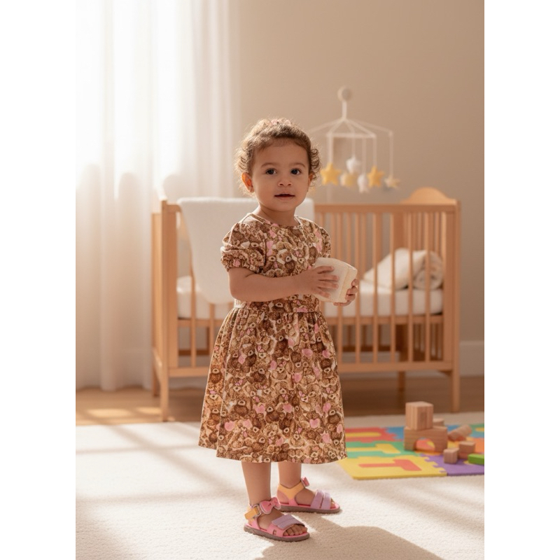 Kit Vestido Infantil Malha Estampado + Tapa Fralda | 0 a 12 Meses