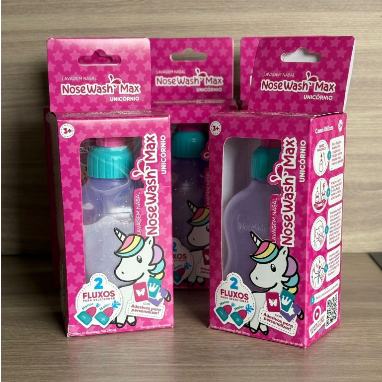 Kit c/3 und Lavador Nasal Max 240ml Unicórnio com Controle de Fluxo e Bico Supersoft – NoseWash