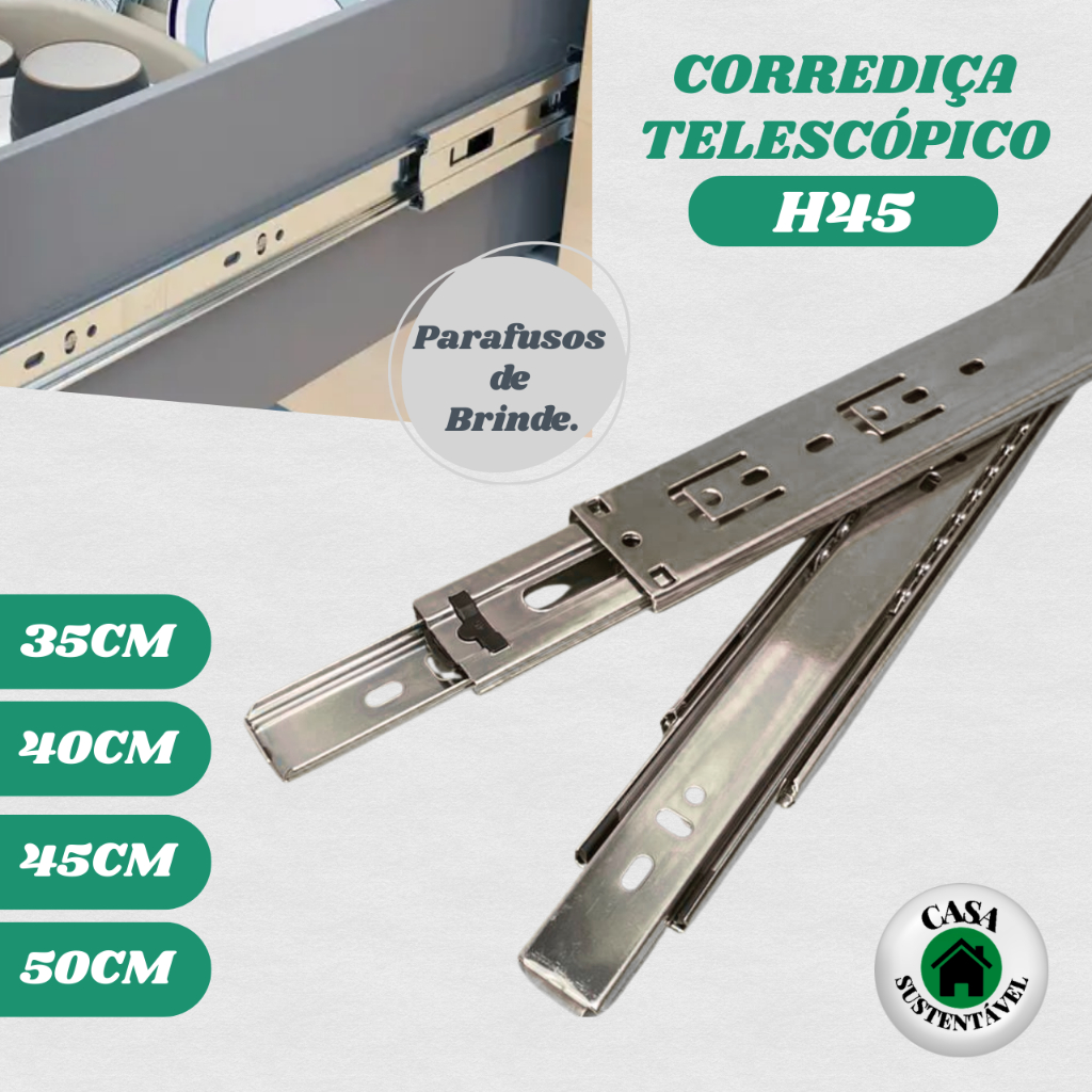 Corrediça Trilho Telescópico H45 Para Gaveta - 35cm, 40cm, 45cm e 50cm - Corredica HD em Oferta na Shopee