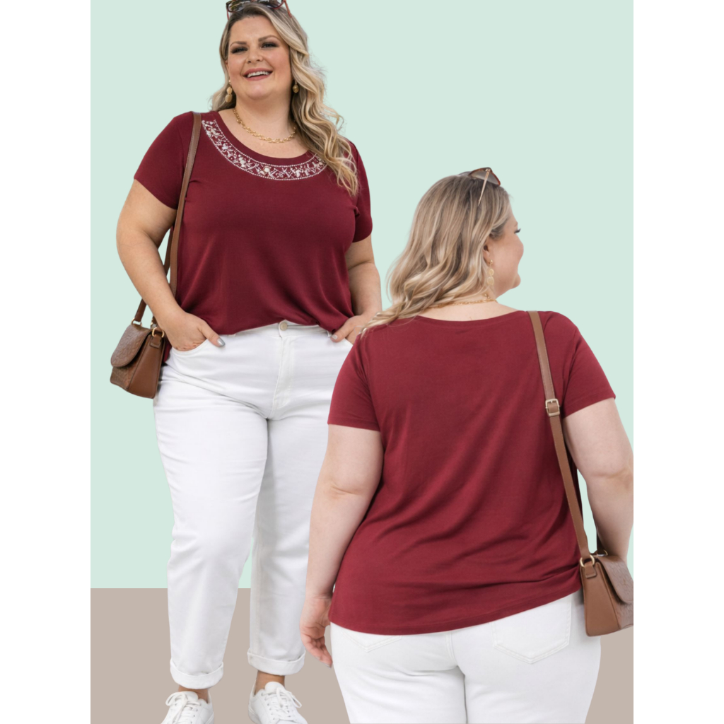 Blusa Plus Size Casual Trabalho Colar de Strass Elegante Conforto Moda Feminina Moderna Viscolycra