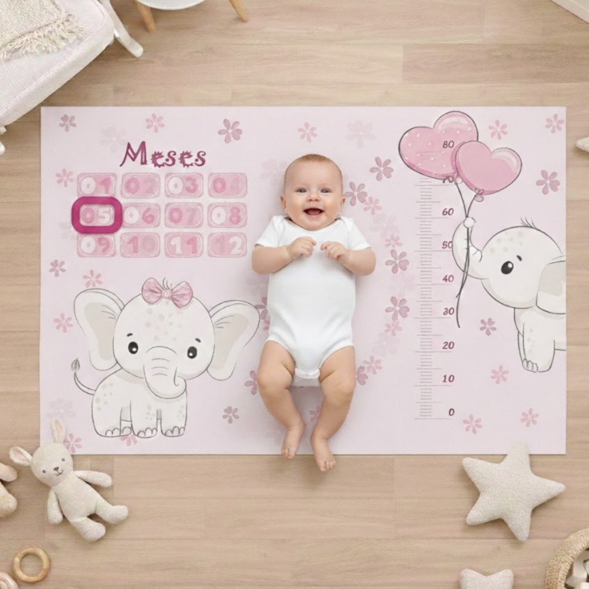Tapete para Fotos de Mesversário Bebê Acompanhamento Mensal Sweet Elefant