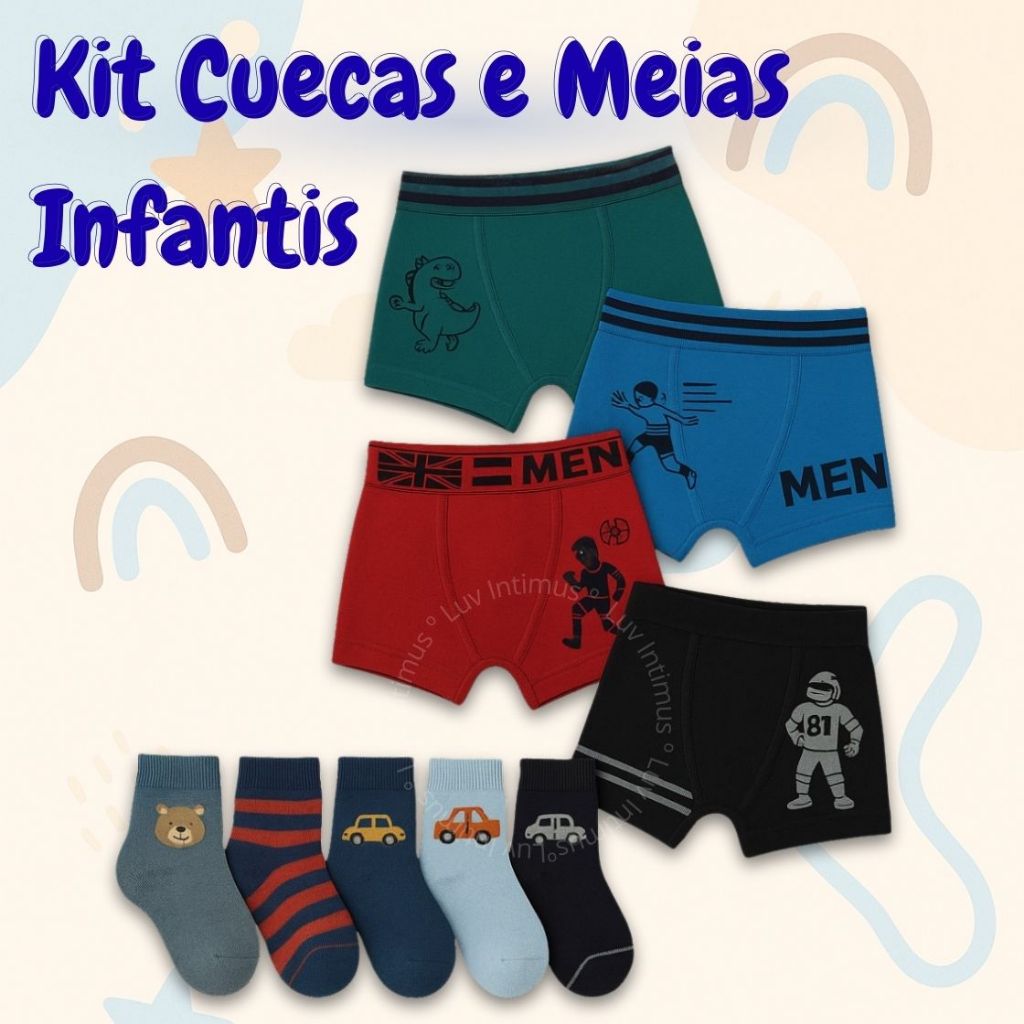 Kit Cuecas Infantil + Meias Menino Premium Confortável