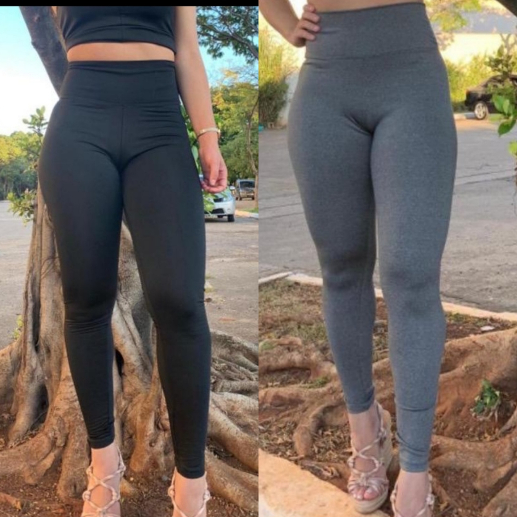 Kit 2 Calças Legging Fitness Lisa Básica Leg Suplex Cós Alto Zero Transparência