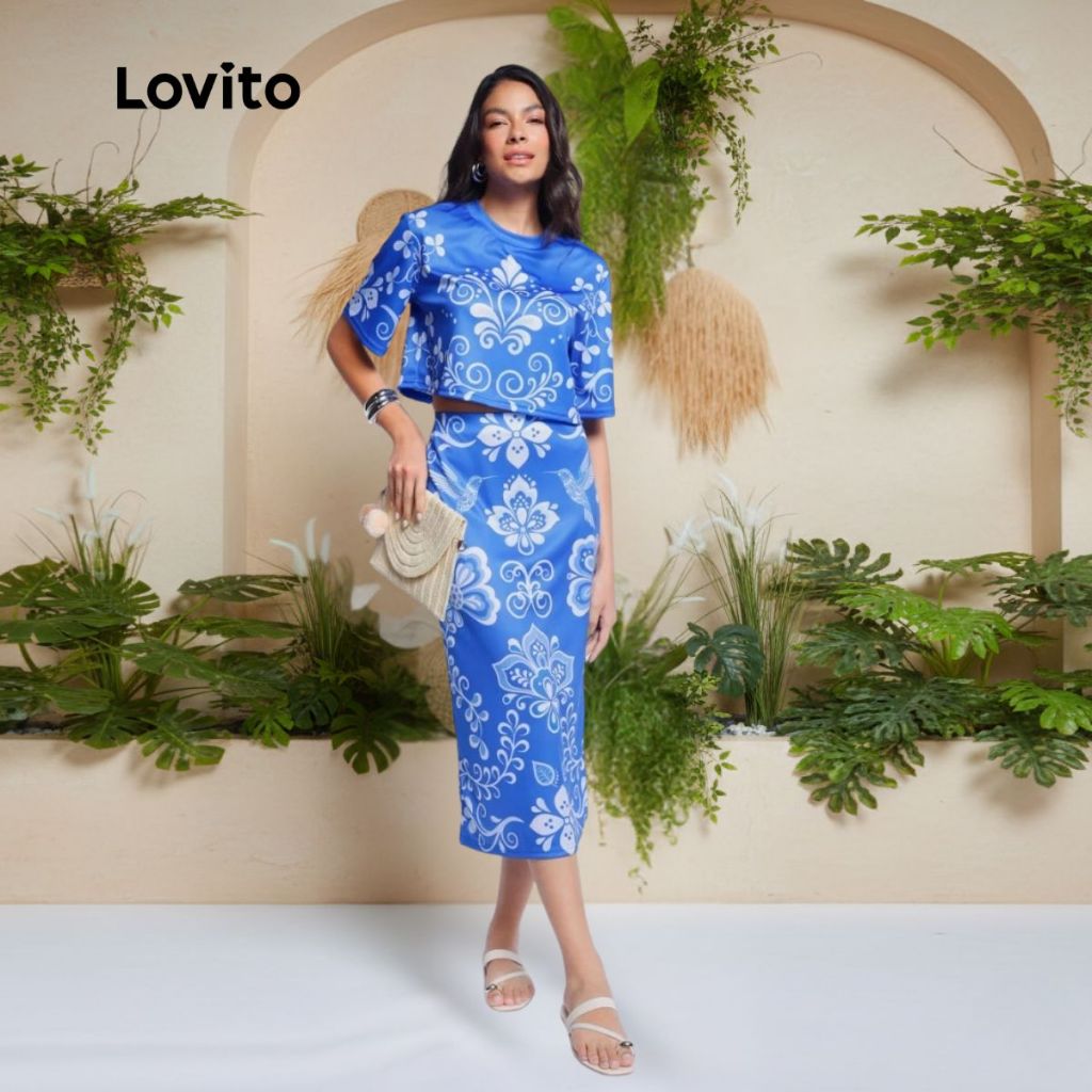 Lovito Bossa l Blusa Cropped Manga Curta Estampa Localizada Arabescos Azul e Branco BLB15931623 em Oferta na Shopee