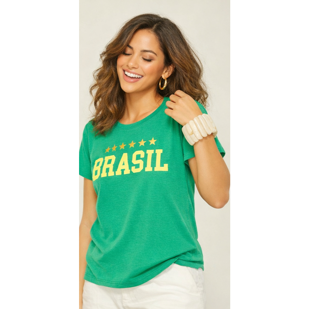 Blusa T-Shirt Brasil 6 Estrelas Camiseta Feminina Manga Curta Copa Do Mundo 2026 Moda Verão
