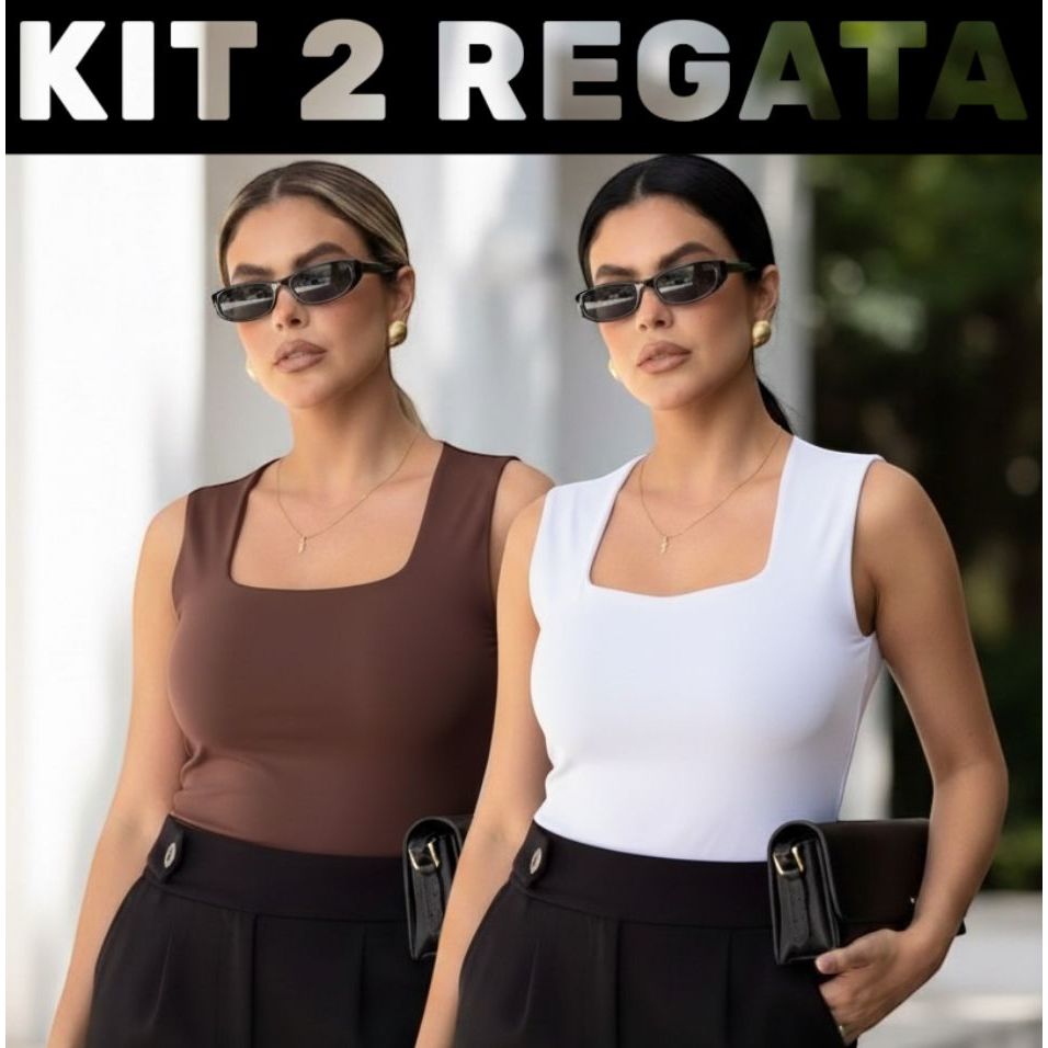 Kit 2 Blusa Regata Decote Quadrado Básica Feminina Moda Blusinha Suplex