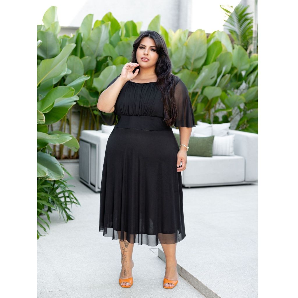 VESTIDO PLUS SIZE MANGA FLER EM TULE FORRADO MODA FEMENINO E EVANGELICO