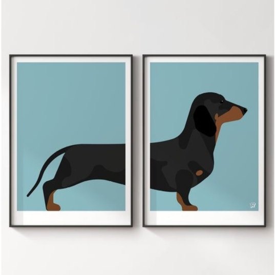 Quadros Decorativos Cachorro Salsicha Dachshund Pet Moderno Azul (2 peças)