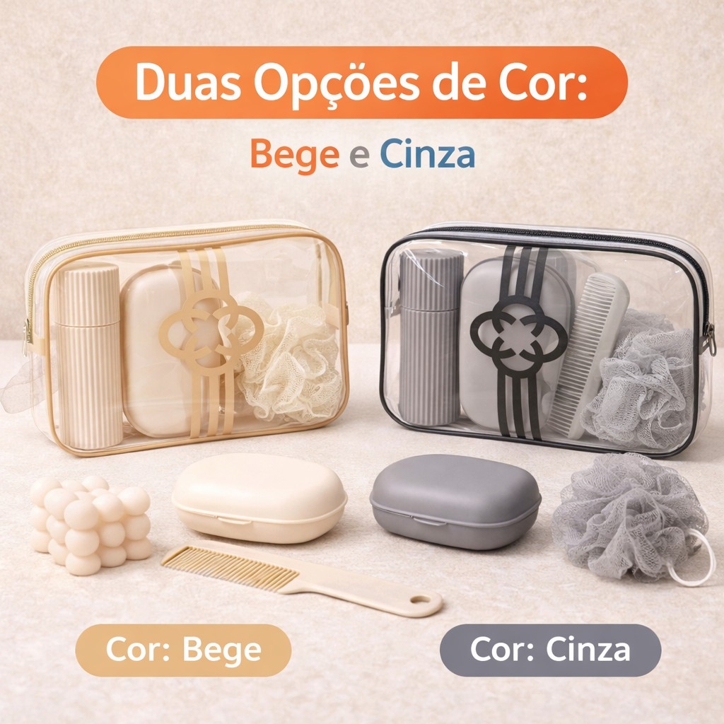 KIT VIAGEM NECESSAIRE DE PLASTICO CONTENDO ESPONJA PENTE PORTA SABONETE E ESCOVAS 21CM