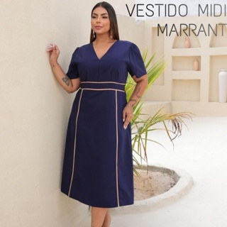 Vestido Midi Feminino | Slim e Plus Size Viscose Gola V | Moda Evangélica Modesta | Forrado G1 G2 - Meliza em Oferta na Shopee