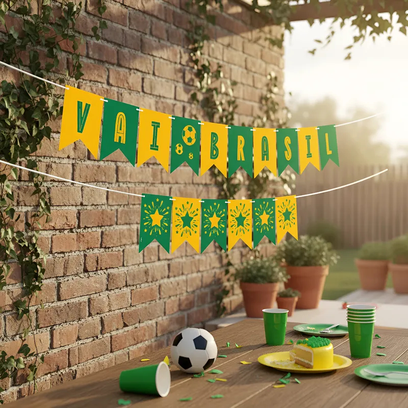 Faixa Decorativa Especial com Bandeirinhas | Copa do Mundo - Torcida Vai Brasil