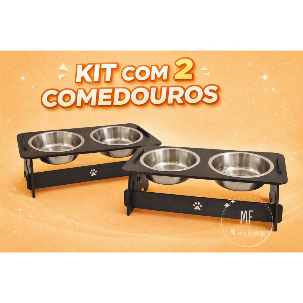 Kit 2 Comedouro Elevado Pet MDF Duplo com 2 Potes Aluminio-Pet Cachorro e Gato