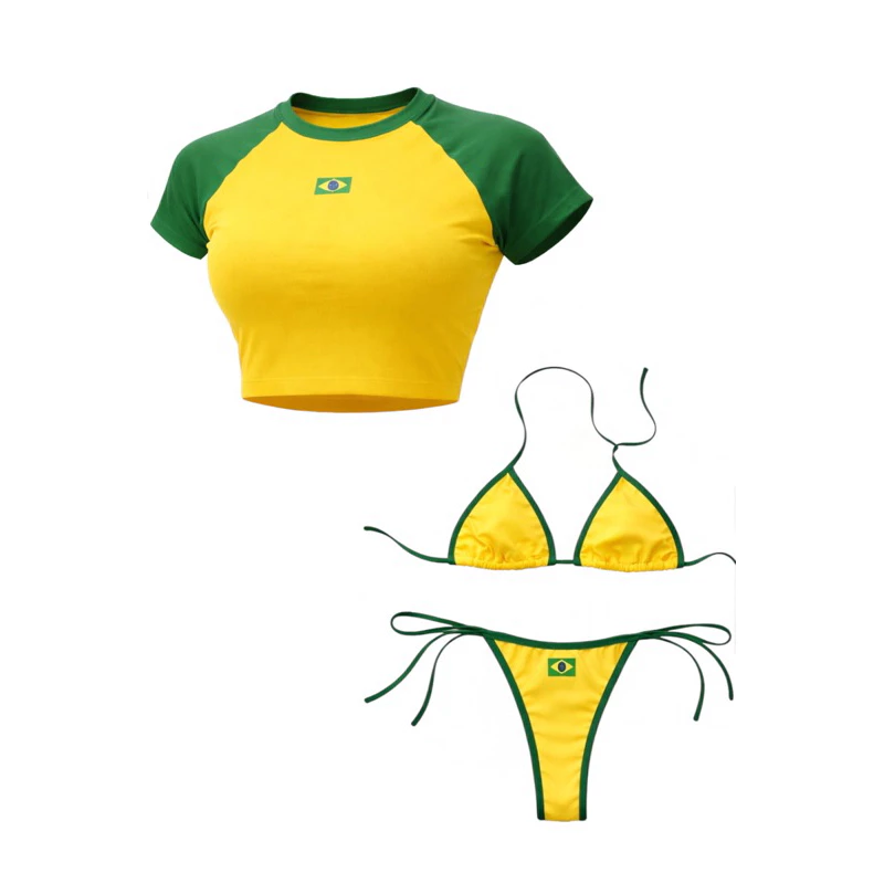 Conjunto Cropped Biquíni Fita Brasil Calcinha Moda Gringa