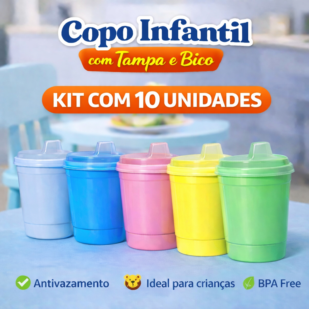 Kit 10 Copos Infantil Antivazamento 250ml com Tampa e Bico | Copo de Treinamento Bebê para Creche