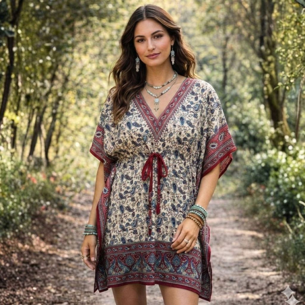 Vestido Curto Kaftan Indiano Soltinho, Confortável Estilo Boho Chic Elegante Vinho Estampado Paisley