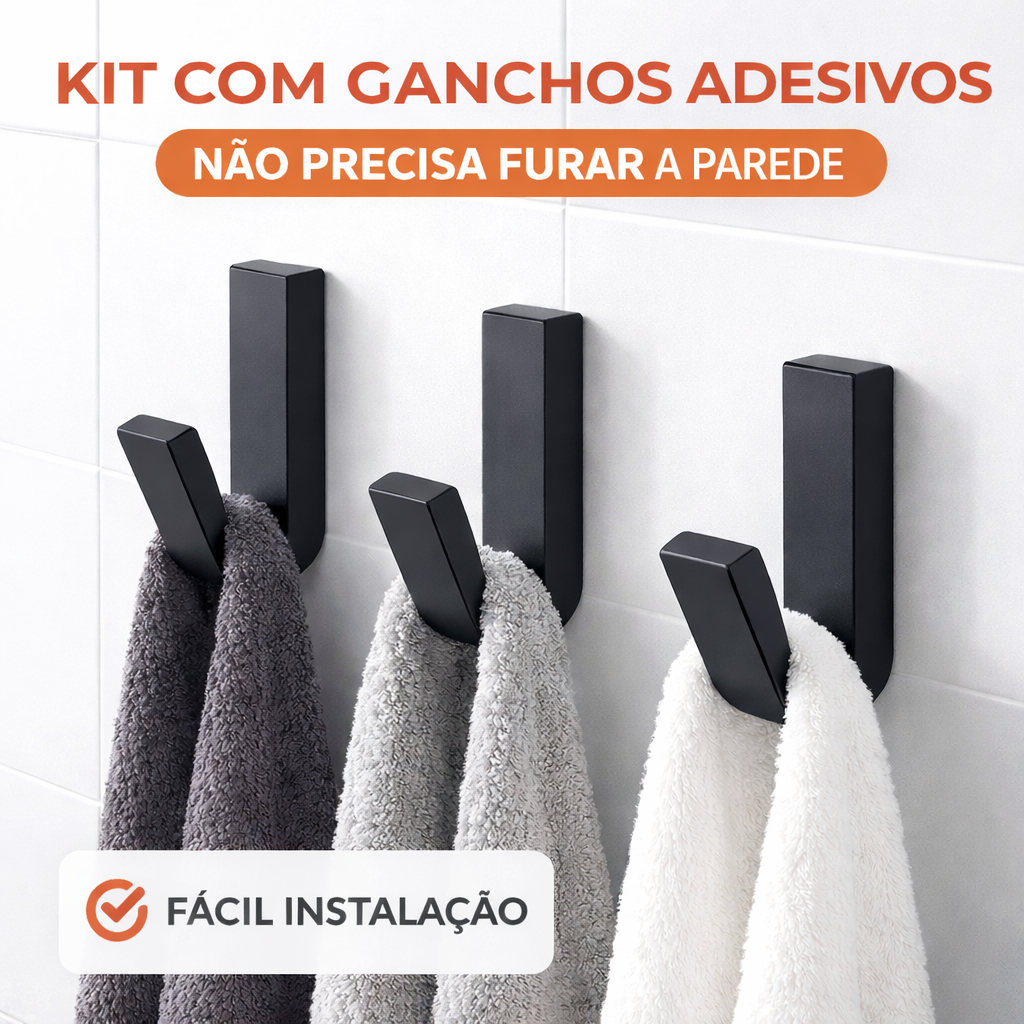 Gancho Adesivo Premium para Banheiro – Pendurador de Toalhas Sem Furo | Forte Fixação | Preto, Branco ou Cinza