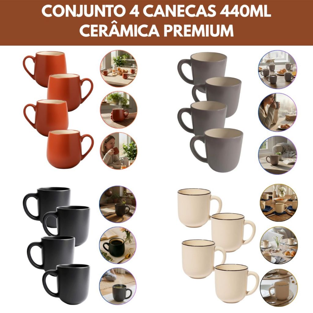 Conjunto Jogo 4 Canecas Cerâmica  Para Café Chá Linha Denny Collection 440ml Premium Wellmix