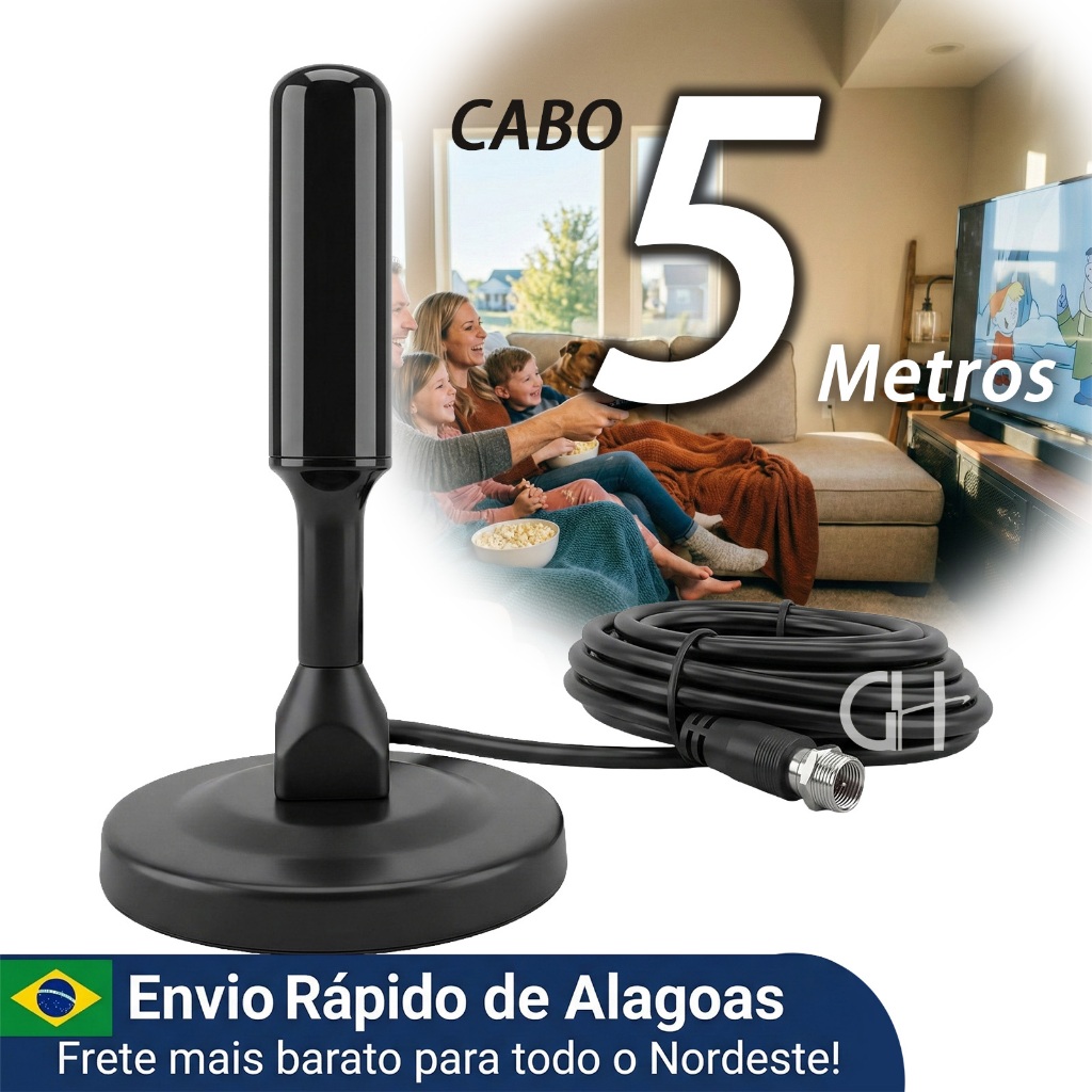 Antena TV Digital HD 360° Cabo 5m Prova D'água - Envio de Maceió AL