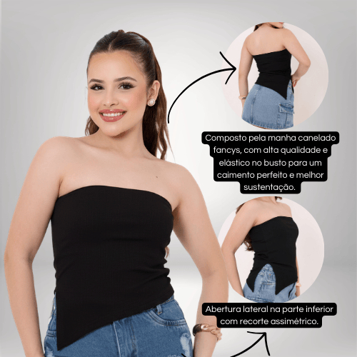 Blusa Feminina Tomara Que Caia Assimétrica Cropped Infantil Juvenil Canelado sem Alça Estilosa
