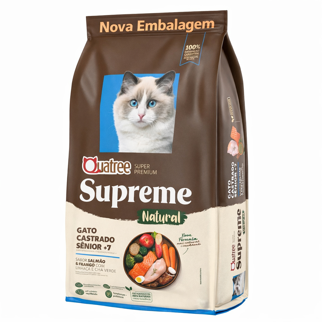 Ração Quatree Supreme Natural Gatos Castrados Senior +7 Anos Salmão e Frango  - 10.1Kg