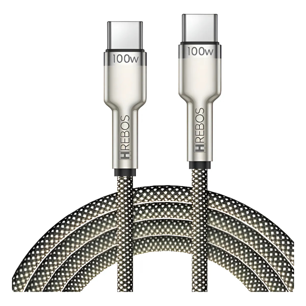 Cabo Carregador Turbo Duplo Tipo-C para Usb-C 100w 20v 3a 2m Nylon Reforçado Pd Hrebos Metal Waves