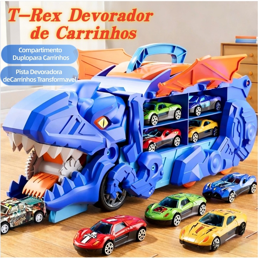 Caminhão Dinossauro T-Rex Engole Carrinhos com 4 Carros de Metal Transformável com Pista Rampa e Alça em Oferta na Shopee