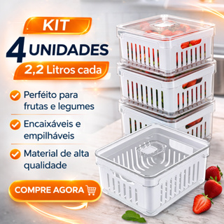 Kit 4 Organizadores de Geladeira de Acrílico 2,2 Litros com Tampa e Cesto de Drenagem em Oferta na Shopee