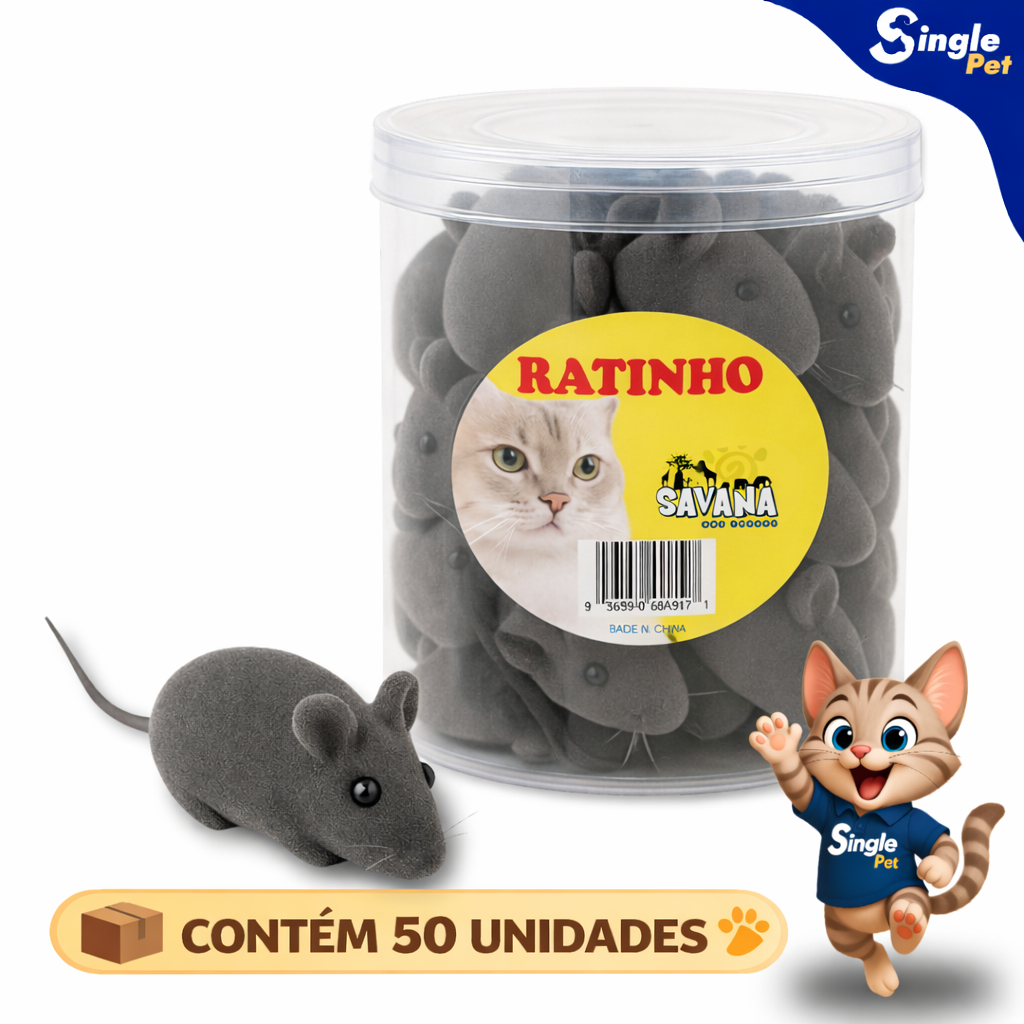 Pote com 50 Unidades Ratinho de Brinquedo de Vinil Cinza com Apito para Gatos - Savana Pet