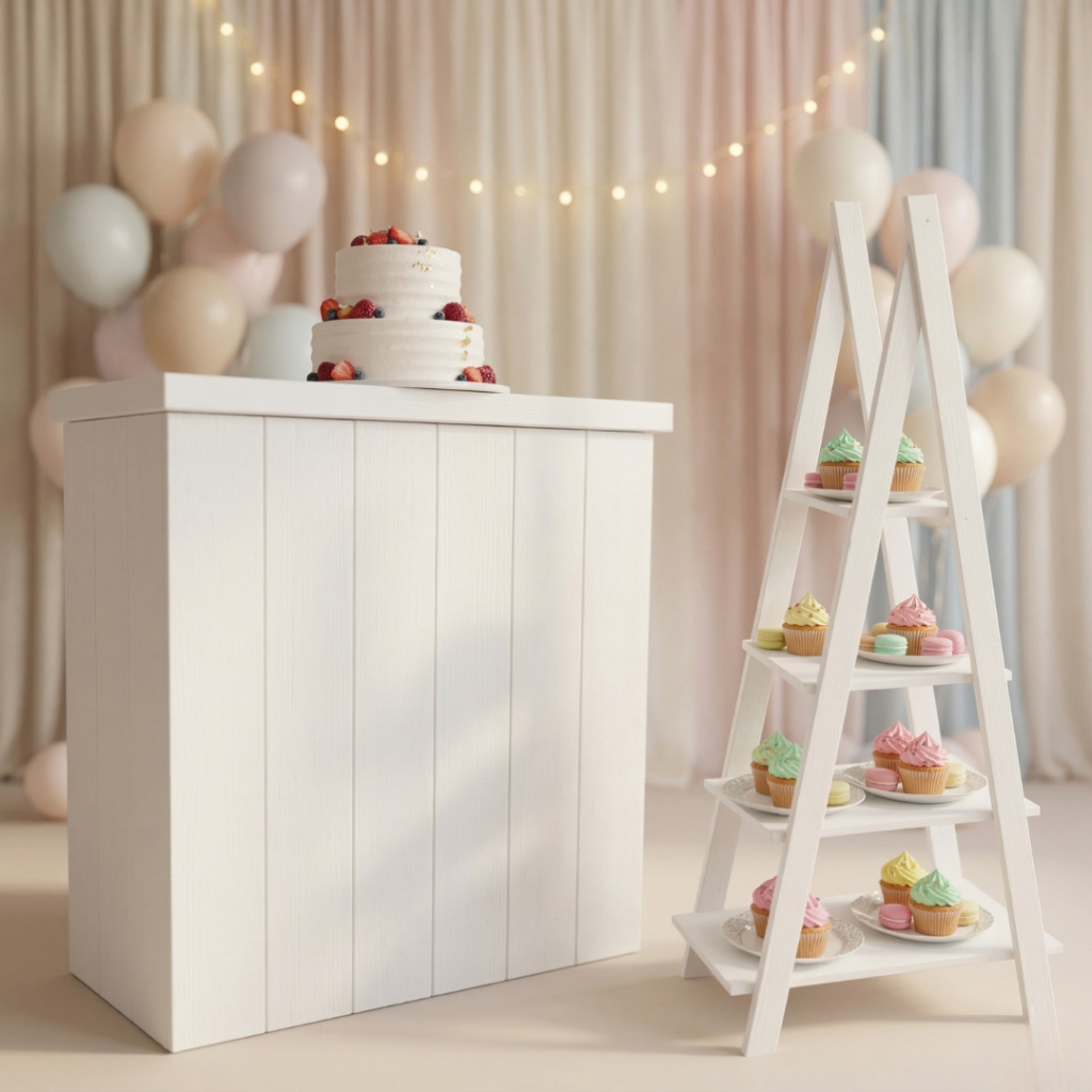 Kit Pegue e Monte para Festas Cômoda e Expositor em Escada de MDF 6MM Branco Ou Cru