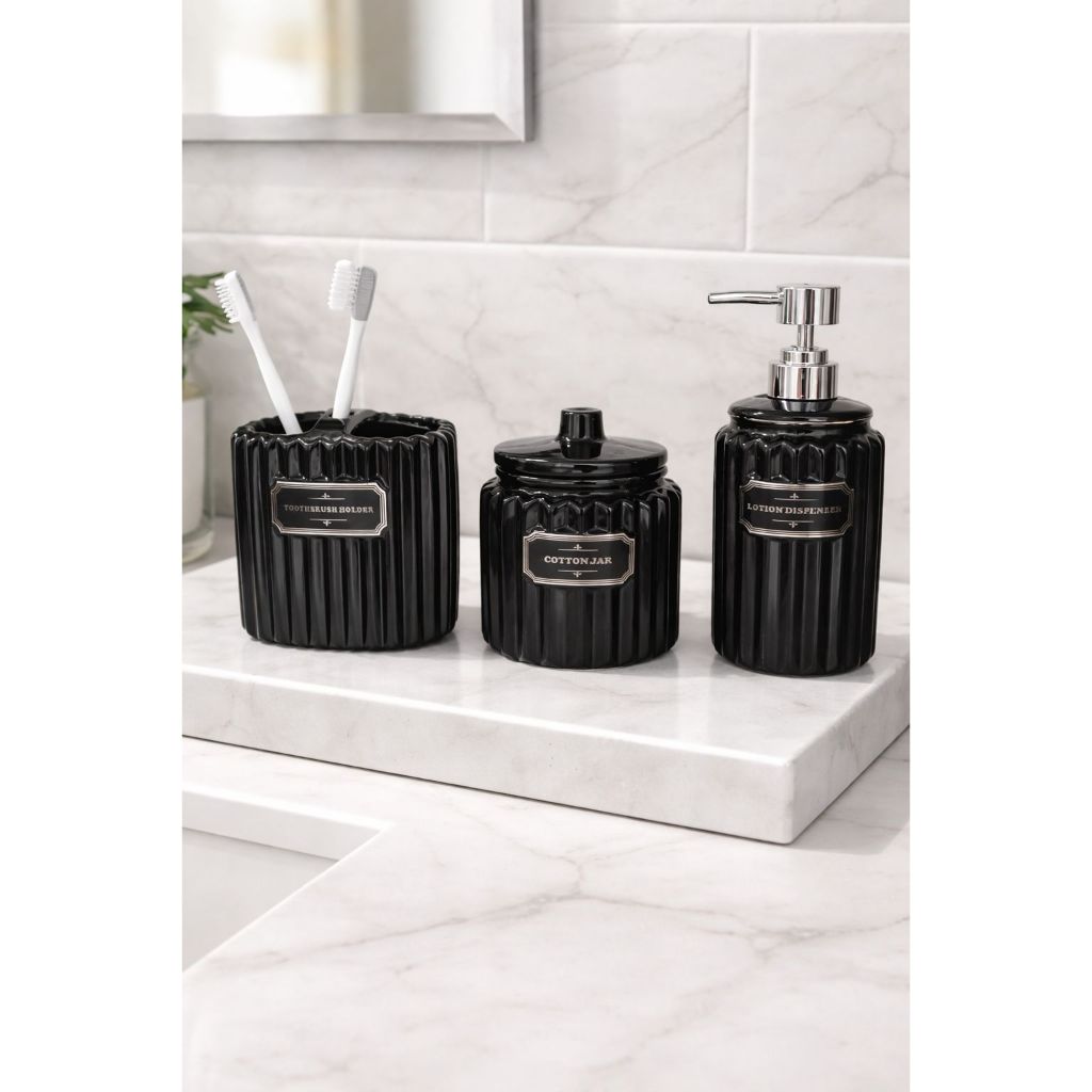 Kit Porta Sabonete Líquido + Pote Algodão + Suporte Escova de Dente | Conjunto de Banheiro Cerâmica Luxo