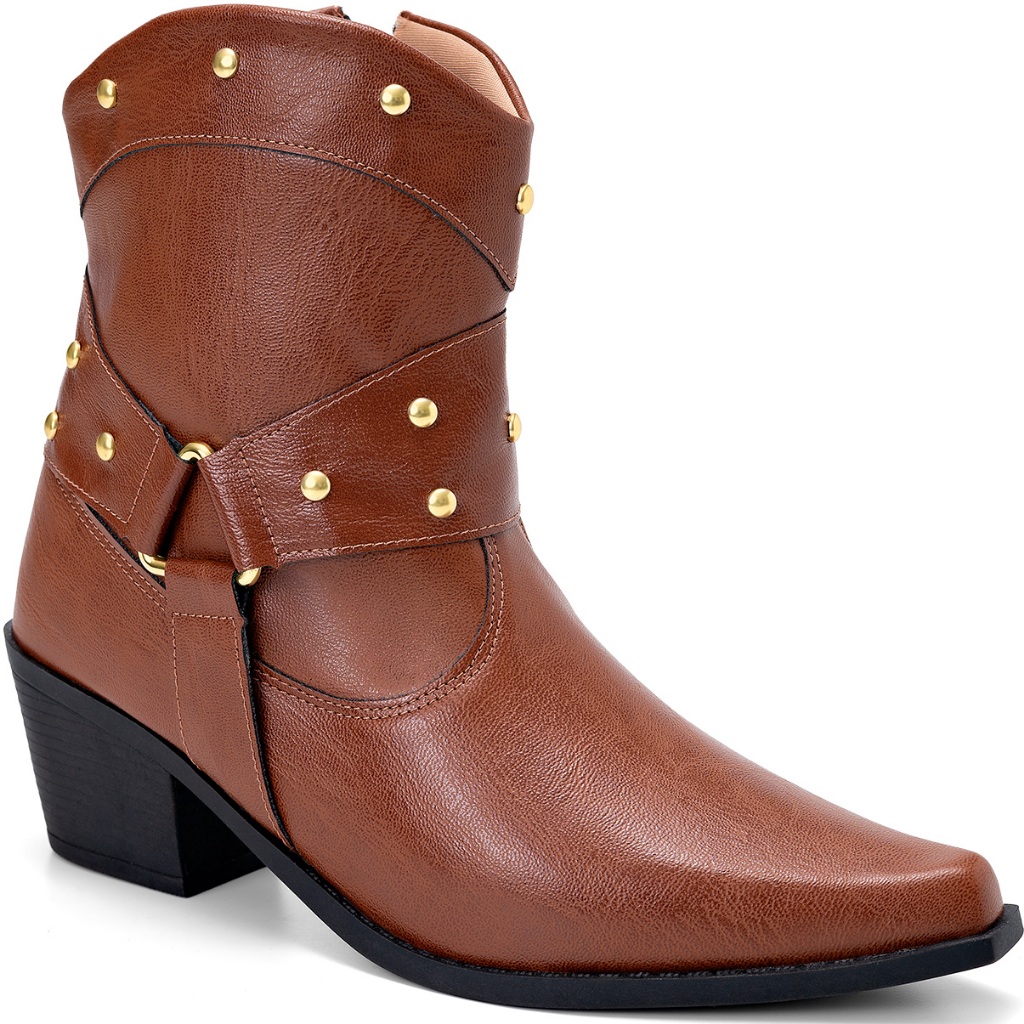 Bota Feminina Lumiss Country Western Salto Baixo Bico Fino Cano Baixo Tachas Douradas