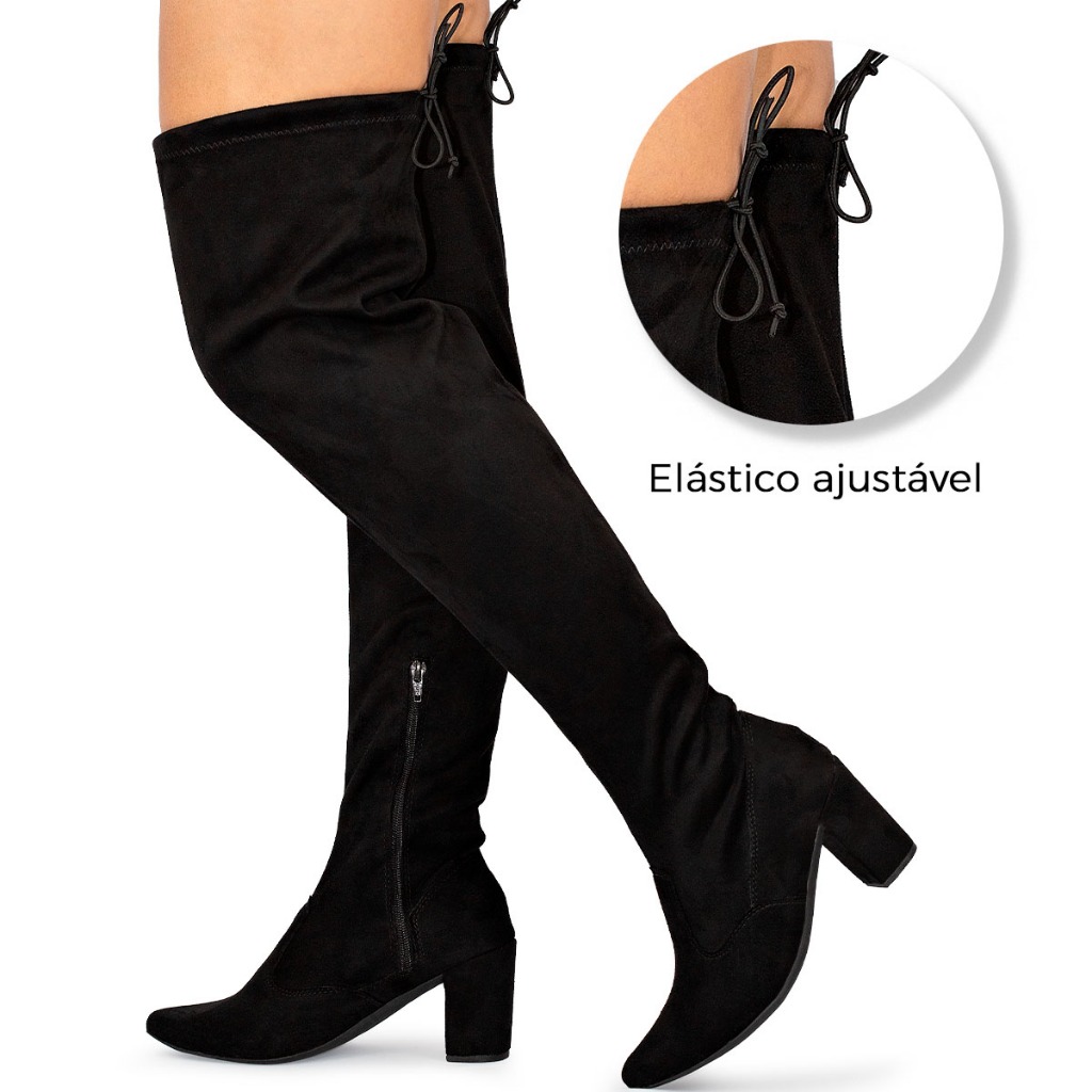 Bota Feminina Lumiss Over The Knee Cano Longo Salto Alto Camurça Preto