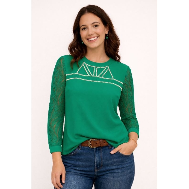 Blusa Manda Longa Social Pérolas Sofisticada Elegante Tam P Brechó