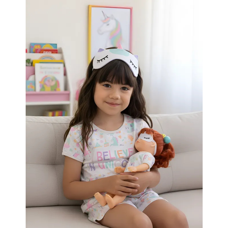 Pijama Infantil Menina Verão Unicórnio com Máscara Marthiê +Pijama e Máscara para a Boneca Igual