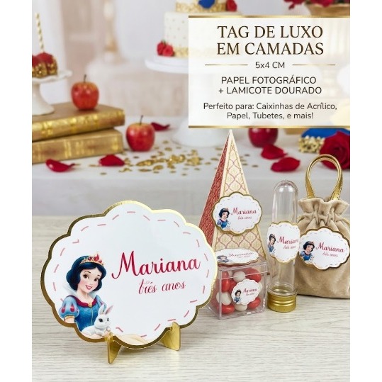 Tag Personalizada Branca de Neve Luxo em Camadas | Tag para Lembrancinha de Festa Infantil Princesa