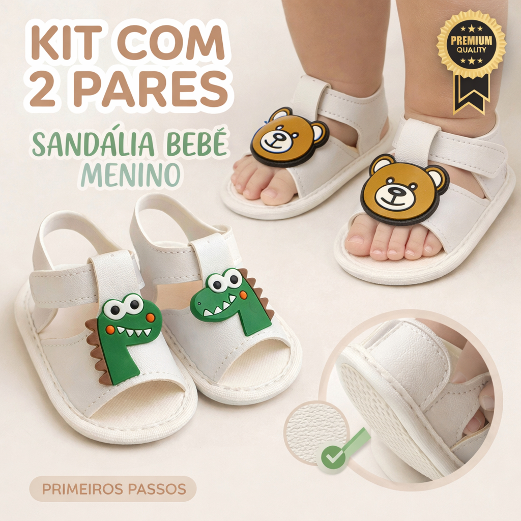 Kit 2 Pares Sandália de Bebê 0 a 18 Meses Menino Primeiros Passos Antiderrapante