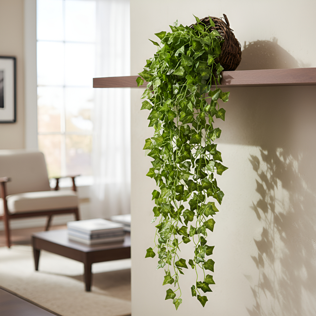 Vaso Grande Arranjo C/ 3 Trepadeira Folha De Hera + Vaso Trançado Marrom