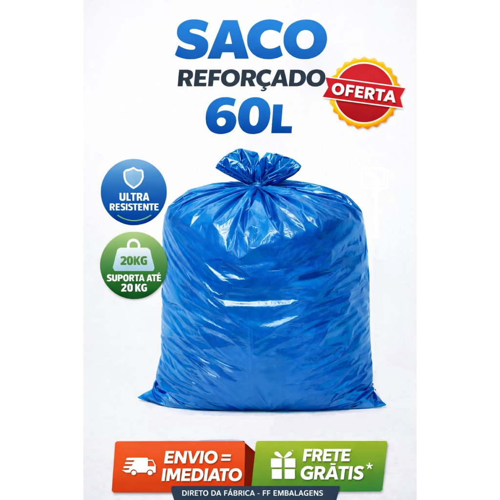 Saco de Lixo 60 Litros Azul Reforçado – Pacote com 25 Unidades Alta Resistência