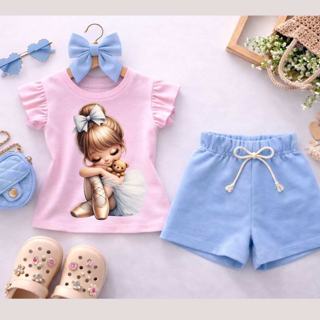 Conjunto Infantil Menina Fashion Trend Blusa Rosa Bebê com Babado- Bailarina e urso Fofa + Short Azul Bebê Look Infantil em Oferta na Shopee