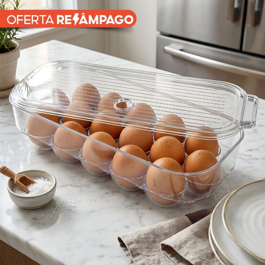 Porta Ovos Bandeja Organizadora com Tampa 16 Unidades Transparente Geladeira Cozinha Empilhável