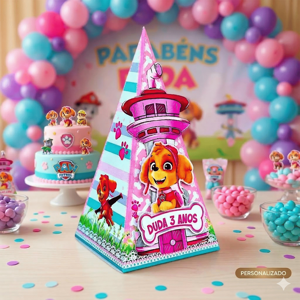 Lembrancinha Caixa Pirâmide Cone Skye Patrulha Canina Personalizada Skay Sky Festa Aniversário Kit